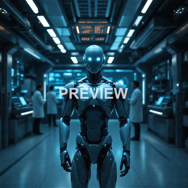 A humanoid robot with glowing blue eyes and a sleek, futuristic design standing in a high-tech laboratory with scientists working in the background.